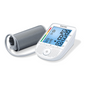 The Beurer GmbH discontinued item: Talking upper arm blood pressure monitor BM 49 features a gray arm cuff with tube, a large blood pressure display, colored indicators, and clearly labeled buttons below the screen. Package (1 piece).