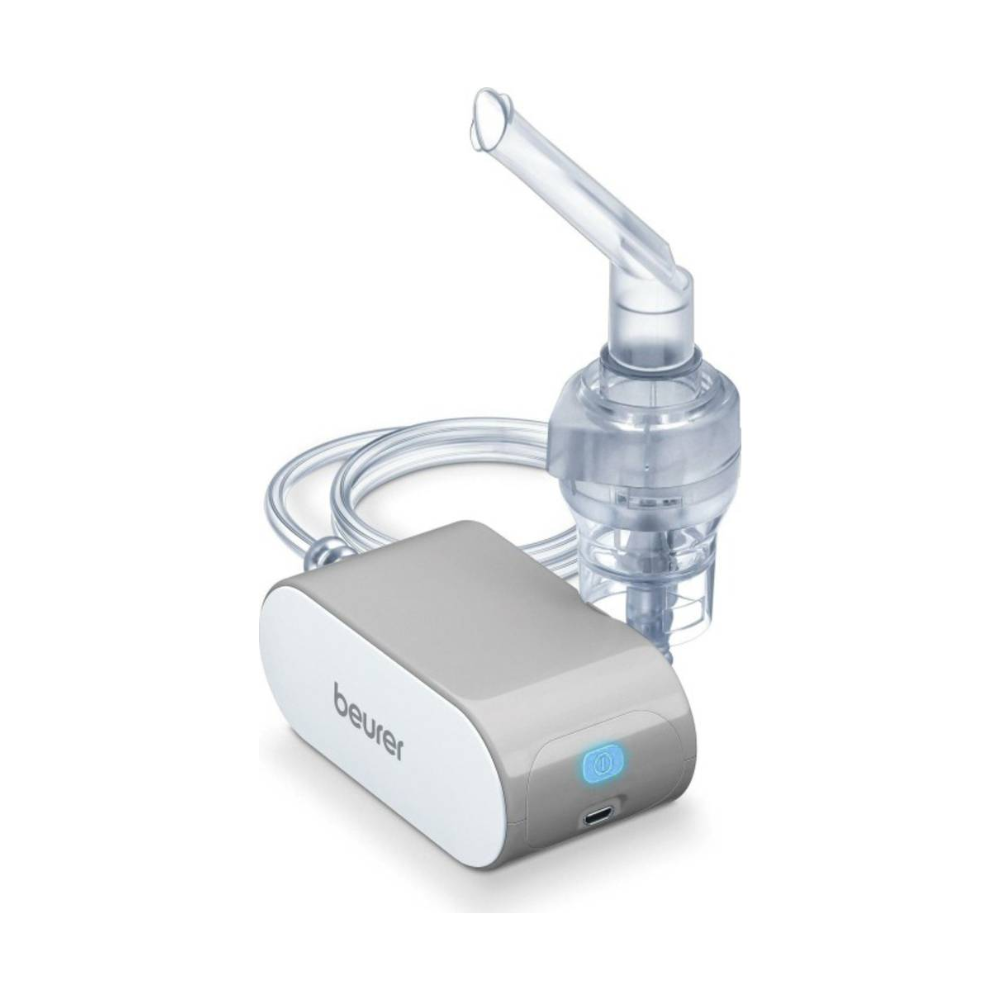 The discontinued item: Beurer small inhaler IH 58 from Beurer GmbH is a portable nebulizer with a transparent mask, hose, compact white-gray base, and USB charging station - perfect for managing asthma or respiratory diseases.