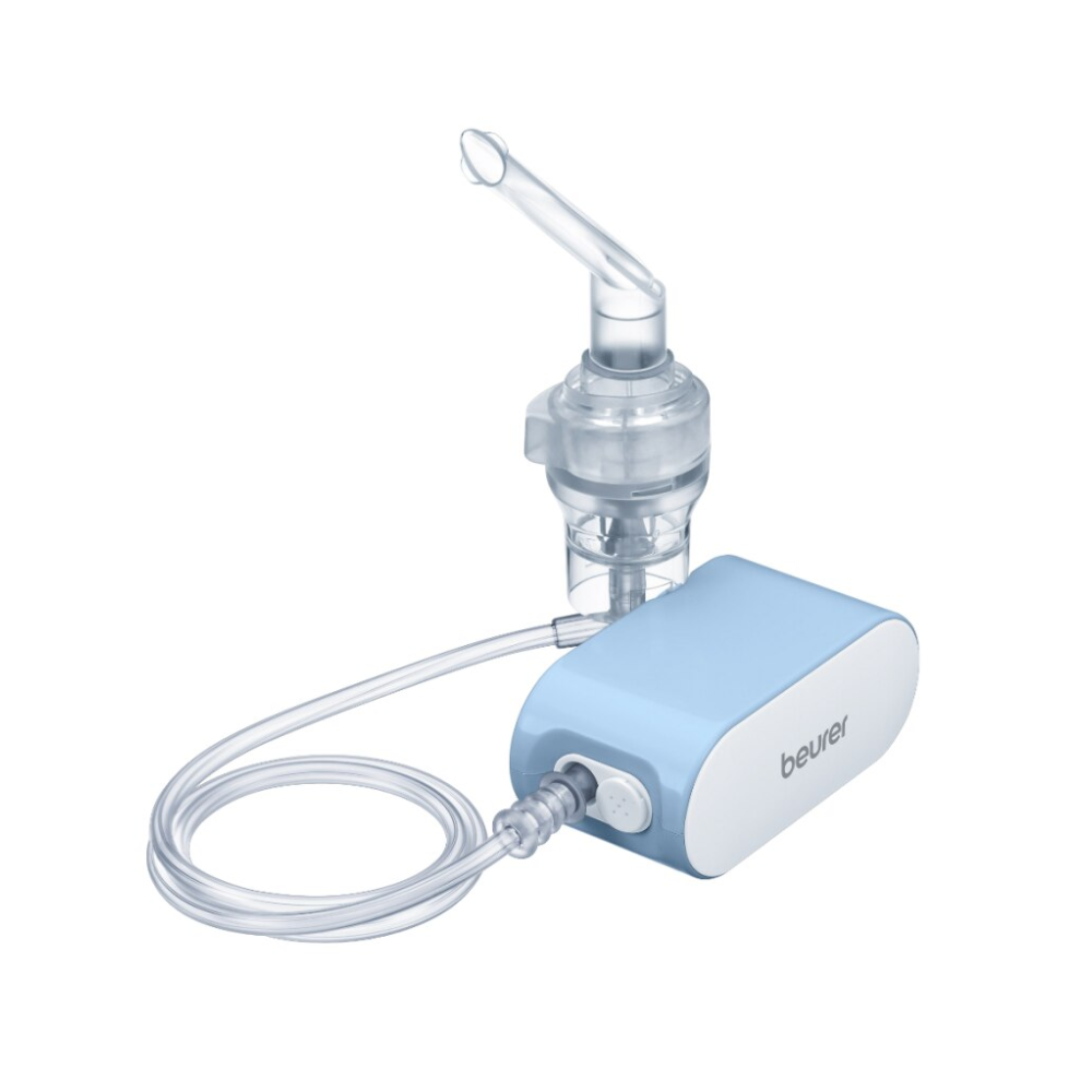 The discontinued product: Beurer small inhaler IH 60 from Beurer GmbH is a compact inhaler with compressor air pressure technology, blue-white device, clear tube, transparent mouthpiece, and the "beurer" logo on the side.