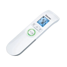 Ein weißer Auslaufartikel: Beurer kontaktloses Fieberthermometer FT 95 mit Bluetooth der Beurer GmbH, mit Temperaturanzeige, Bedientasten inklusive grüner "SCAN"-Taste und dem "beurer"-Logo oben rechts.
