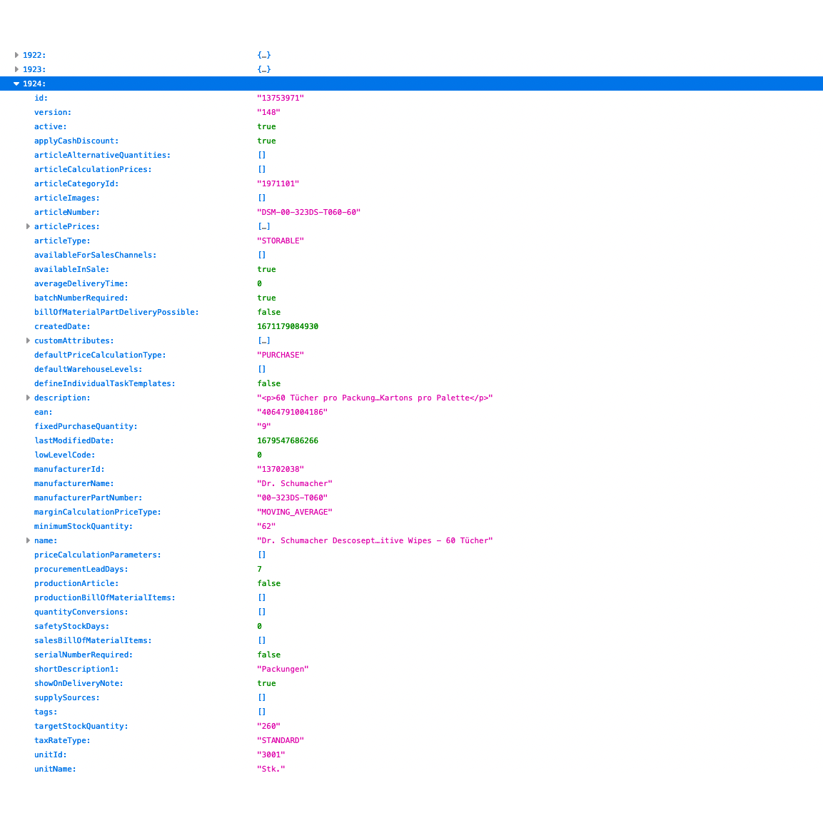 Text-based photo of an information board layout showing a configuration for a website with Altruan ArtikelMeister Feed: Weclapp Article JSON / CSV Feed. It contains several fields like "id," "type," and