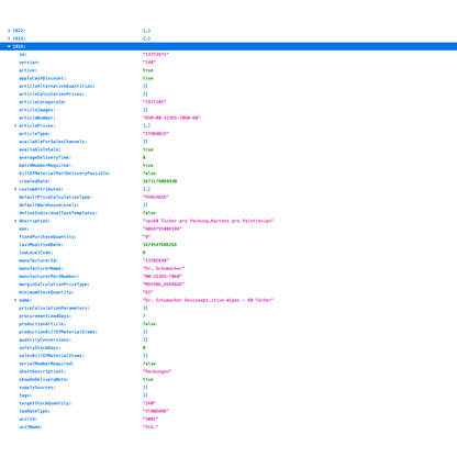 Text-based photo of an information board layout showing a configuration for a website with Altruan ArtikelMeister Feed: Weclapp Article JSON / CSV Feed. It contains several fields like "id," "type," and