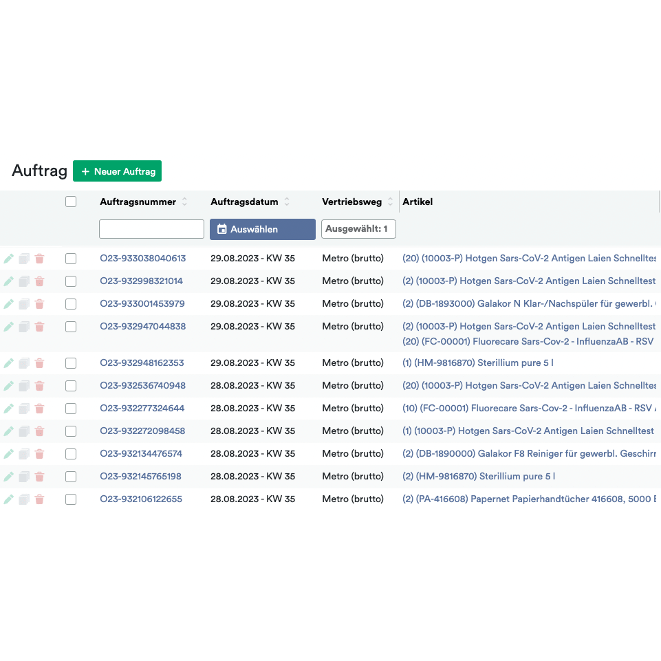 Ein Screenshot der Altruan-Computerschnittstelle, die eine Liste von Bestellungen in Tabellenform anzeigt. Jeder Eintrag zeigt Bestellnummer, Datum, Vertriebskanal und Artikelbeschreibung mit Symbolen für zusätzliche Einstellungen und Aktionen.