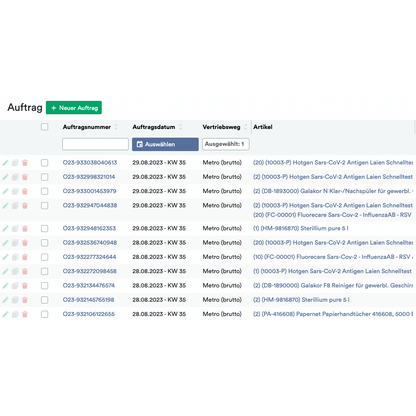 Ein Screenshot der Altruan-Computerschnittstelle, die eine Liste von Bestellungen in Tabellenform anzeigt. Jeder Eintrag zeigt Bestellnummer, Datum, Vertriebskanal und Artikelbeschreibung mit Symbolen für zusätzliche Einstellungen und Aktionen.