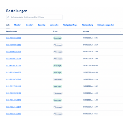 Ein Screenshot des Backend-Bestellmanagementsystems Altruan MetroSync: Metro Market to Weclapp Bestellverarbeitung, das eine Tabelle mit Bestellnummern und Statusaktualisierungen anzeigt. Jede Zeile enthält Bestellnummer, Status, SKU, Erstellungsdatum und -zeit. Die meisten Status zeigen