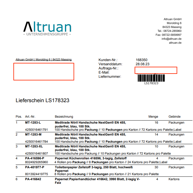 An image of a delivery note from 'Altruan' with details such as the sender's address, invoice number, and a detailed list of shipped products, including quantities and packaging types.