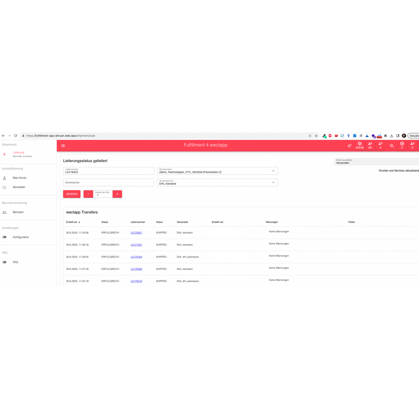 Screenshot of the Altruan PackMaster App interface for fulfillment management with tabs like 'Planning', 'Shipping Label Creation', and others, as well as a section for entering order details such as order number, etc.