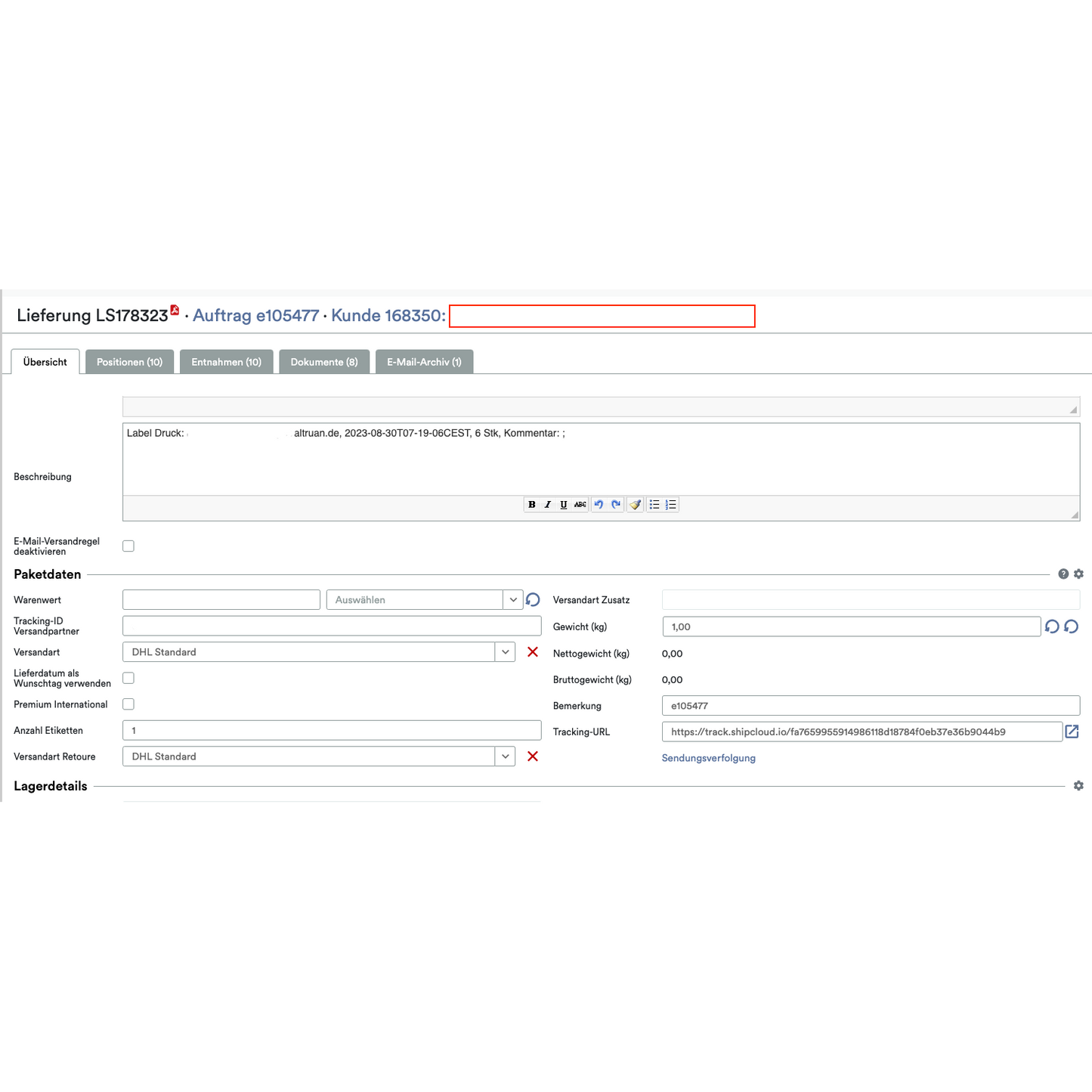 Screenshot of the logistics software interface of the Altruan PackMaster App, showing an order with customer number and containing text fields and dropdown menus for shipping details, including delivery method and packaging options.
