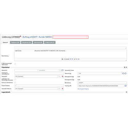 Screenshot of the logistics software interface of the Altruan PackMaster App, showing an order with customer number and containing text fields and dropdown menus for shipping details, including delivery method and packaging options.