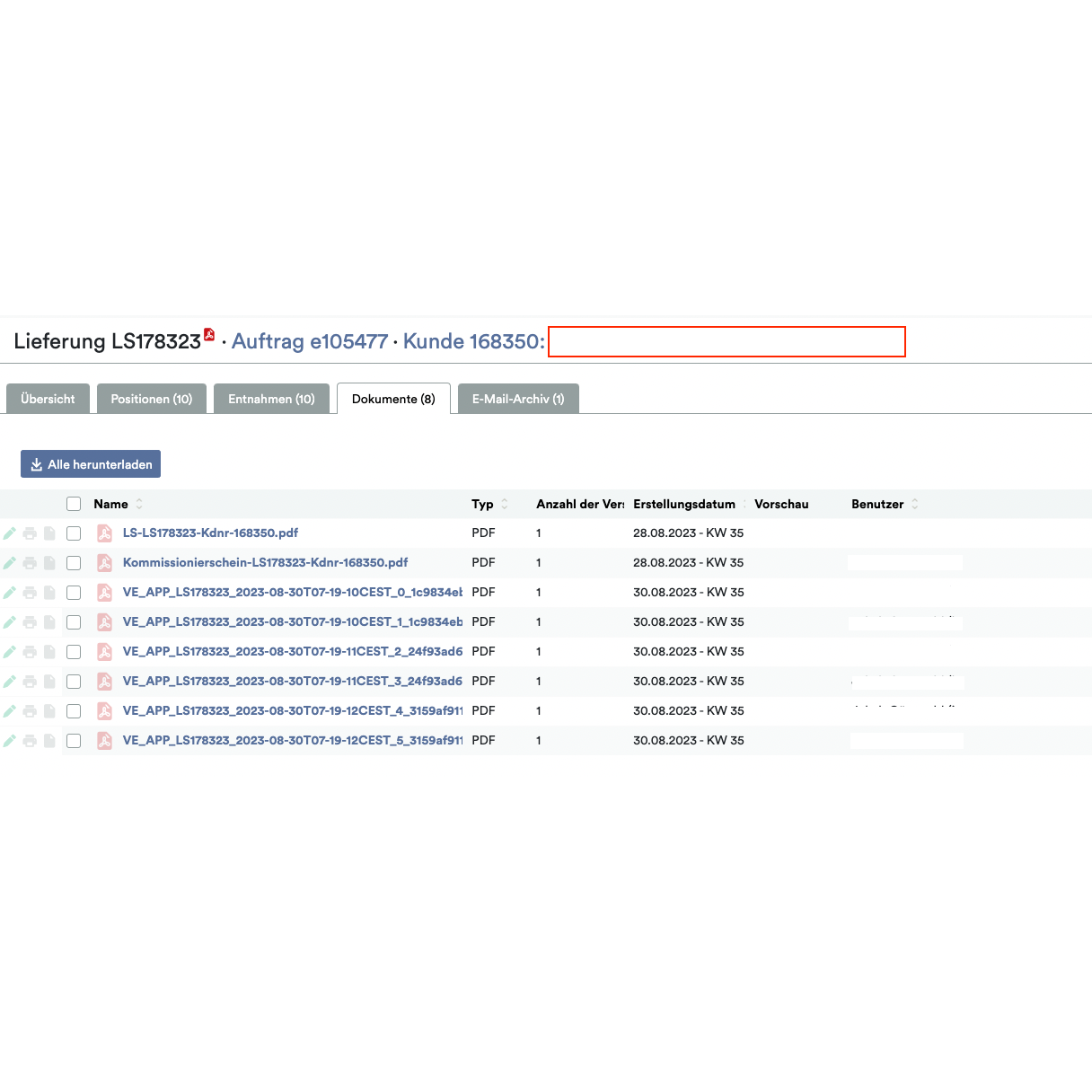 A screenshot of the Weclapp Logistics Packing App showing a digital document system with a list of PDF files, each assigned specific metadata such as type, number of pages, creation date, and hidden user information.