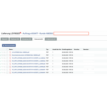 A screenshot of the Weclapp Logistics Packing App showing a digital document system with a list of PDF files, each assigned specific metadata such as type, number of pages, creation date, and hidden user information.