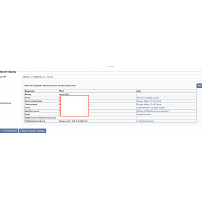 Ein Screenshot einer Webseite, die ein Rechnungsdetailformular mit Feldern wie Betrag, Rechnungsadresse und anderen für „Kauf auf Rechnung“ zeigt, hervorgehoben durch ein rotes Kästchen um einen leeren Abschnitt unter Verwendung von Altruans OrderGuardian: Weclapp Auftrags-Überprüfungssystem.
