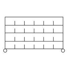 Eine schwarz-weiße Strichzeichnung zeigt den Novocal Sortierregalwagen aus Präzisionsstahl mit 3 Ebenen und je 5 Trennfächern, ideal für Büroorganisation. Das Regal wird von 4 verchromten Eckpfosten gestützt. Die Packung enthält 1 Stück.