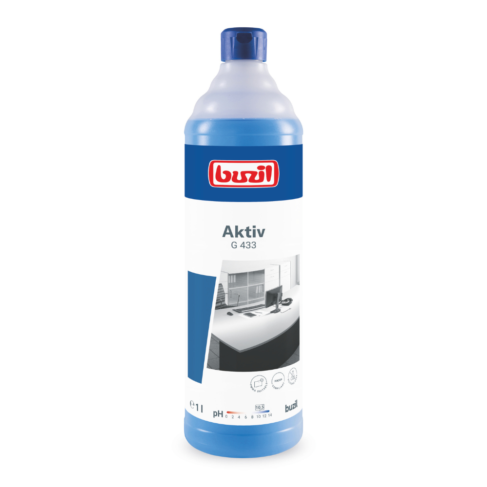Against a white background, a bottle of the Gentle All-Purpose Cleaner Buzil Aktiv G 433 from BUZIL-WERK Wagner GmbH & Co. KG is visible. The blue bottle features the product name on the label and an image of a clean office desk, indicating the gentle properties of the cleaner. The bottle has a capacity of 1 liter.