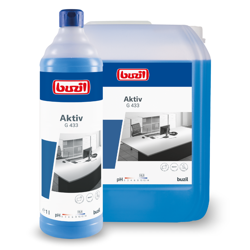 A bottle and a container of Buzil Aktiv G 433 Gentle All-Purpose Cleaner from BUZIL-WERK Wagner GmbH & Co. KG are displayed, highlighting its gentle properties. Both containers contain a blue liquid and have a label showing an image of a modern office desk. The bottle is placed in front of the larger container, emphasizing its readiness to effectively clean various surfaces.