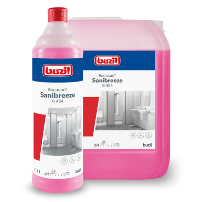 A bottle and a container of Buzil Bucasan® Sanibreeze G 454 citric acid-based sanitary maintenance cleaner from BUZIL-WERK Wagner GmbH & Co. KG, with a pink liquid adorned with images of a spotless bathroom, serve as an efficient cleaning solution. The bottle stands confidently in front of the larger container, showcasing its ability to effectively maintain hygienic conditions with its odor-blocking formula.