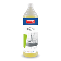 A bottle of Buzil Buz® Dish Fix G 530 hand dishwashing liquid and all-purpose cleaner from BUZIL-WERK Wagner GmbH & Co. KG is a powerful cleaning product for washing dishes by hand. The packaging is yellow and features a blue-and-white label with an image of a sink surrounded by dishes, accented by a green geometric design. It contains 1 liter of this highly effective product.