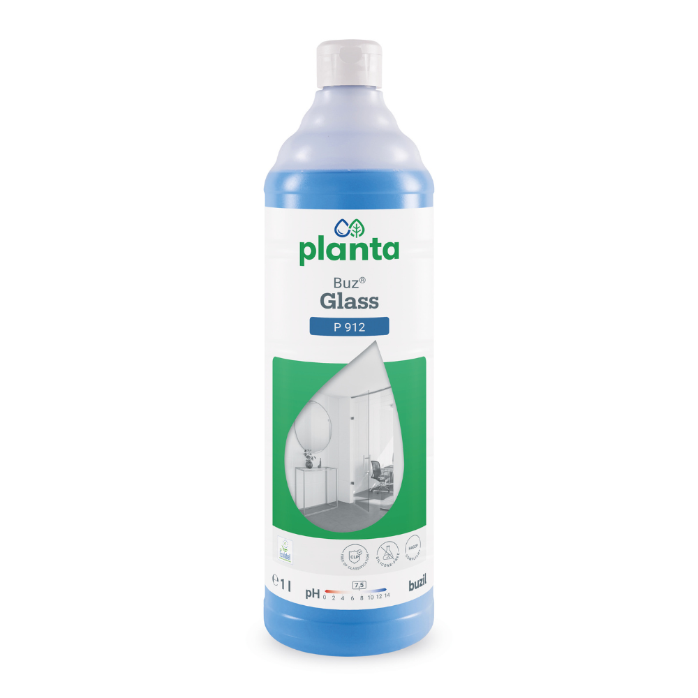 Eine blaue Flasche Buzil Planta Buz® Glass P 912 Ökologischer Glas- und Oberflächenreiniger von BUZIL-WERK Wagner GmbH & Co. KG ist in grün-weißem Design gehalten. Das Etikett, das einen Reinraum in einem Wassertropfen zeigt, unterstreicht seine Umweltfreundlichkeit. Dieser 1-Liter-Reiniger mit einem pH-Bereich von 7,0 bis 7,5 ist Öko-zertifiziert für umweltbewusstes Reinigen.