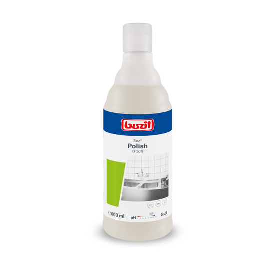 A 600 ml bottle of Buzil Buz® Polish G 508 ready-to-use scouring milk, standing upright. The label features a blue and white design with green accents and the image of a tiled surface, highlighting its effectiveness in surface cleaning. The brand logo of BUZIL-WERK Wagner GmbH & Co. KG is prominently placed at the top.