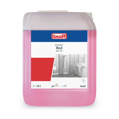 A rectangular 10-liter plastic container with Buzil Drizzle® Red SP 10 Ready-to-Use Sanitary Foam Cleaner, manufactured by BUZIL-WERK Wagner GmbH & Co. KG, contains a pink liquid with a pH value of 3.5 and displays bathroom images on the label, highlighting its excellent cleaning performance.