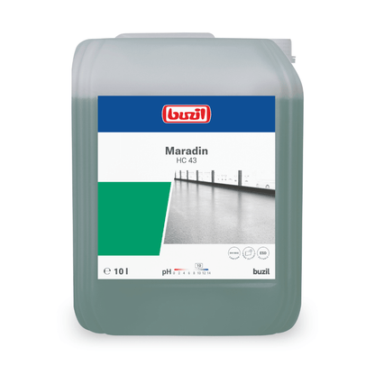 A 10-liter container of Buzil Maradin HC 43 Highly Concentrated All-Purpose Intensive Cleaner from BUZIL-WERK Wagner GmbH & Co. KG features a blue-green design on the label, which includes product details such as a pH symbol, environmental symbols, and an image of a clean floor. It is ideal for removing oil and grease stains from water-resistant surfaces.