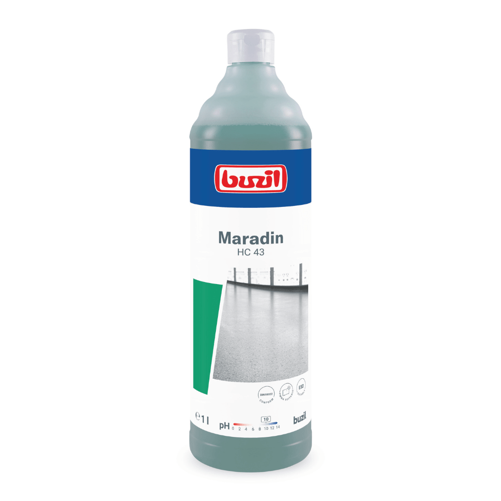 The 1-liter bottle of Buzil Maradin HC 43 Highly Concentrated All-Purpose Intensive Cleaner from BUZIL-WERK Wagner GmbH & Co. KG is ideal for removing oil and grease stains from water-resistant surfaces. The blue, white, and green label features an image of a floor and provides information about the product’s pH value as well as usage instructions.