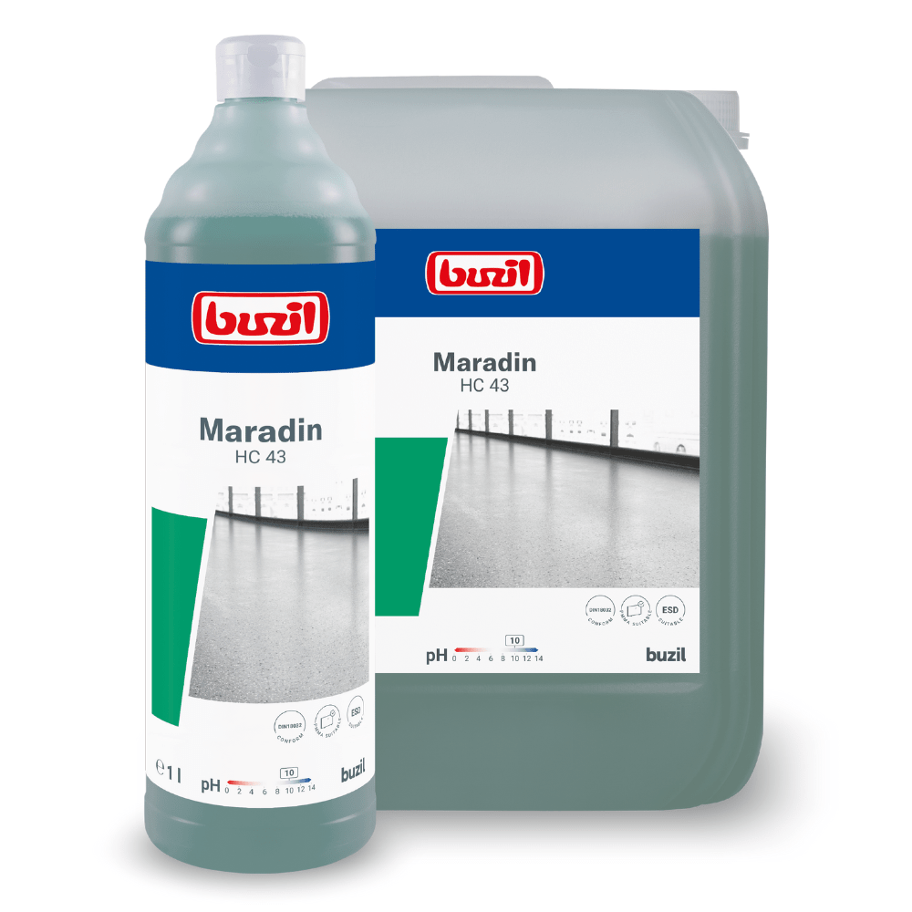 Image of two containers of Buzil Maradin HC 43 Highly Concentrated All-Purpose Intensive Cleaner by BUZIL-WERK Wagner GmbH & Co. KG. The front shows a 1-liter bottle, while the back shows a larger canister. Ideal for removing oil and grease residues from water-resistant surfaces. Both products feature a bottom illustration, product information, the Buzil logo, and the pH value.