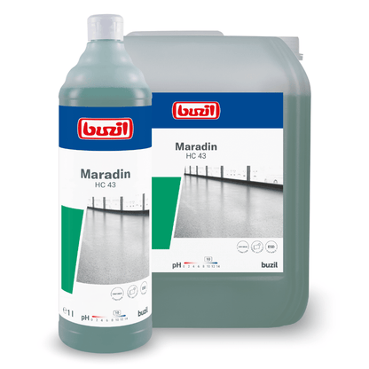 Image of two containers of Buzil Maradin HC 43 Highly Concentrated All-Purpose Intensive Cleaner by BUZIL-WERK Wagner GmbH & Co. KG. The front shows a 1-liter bottle, while the back shows a larger canister. Ideal for removing oil and grease residues from water-resistant surfaces. Both products feature a bottom illustration, product information, the Buzil logo, and the pH value.