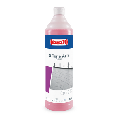 The Buzil O Tens Azid G 501, a 1-liter bottle with pink liquid from BUZIL-WERK Wagner GmbH & Co. KG, is ideal for combating lime stains. The label shows a tiled floor along with symbols highlighting its cleaning properties. This acid-based cleaner is specially designed for effective cleaning and maintenance tasks on porcelain stoneware tiles.
