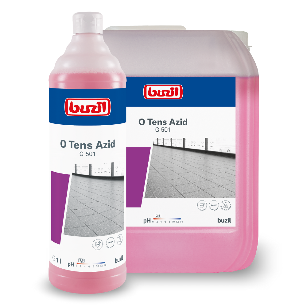 A large and a small bottle of Buzil O Tens Azid G 501, a surfactant-free cleaner from BUZIL-WERK Wagner GmbH & Co. KG, with pink liquid specifically developed for porcelain stoneware tiles. The bottles display an image of a tiled floor and contain information about the product's pH value.