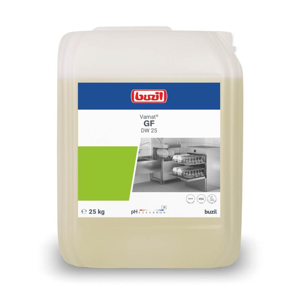 Ein 25 kg-Behälter Buzil Vamat® GF DW 25 Flüssiger Glas- und Geschirrspülreiniger, alkalisch von BUZIL-WERK Wagner GmbH & Co. KG ist ein hochkonzentriertes Glas- und Geschirrspülmittel. Das Etikett zeigt ein Küchenbild sowie Symbole, die den pH-Wert, die Umweltfreundlichkeit und die Einhaltung von Sicherheitsstandards angeben. Der Behälter ist praktisch gestaltet und verfügt über einen Tragegriff.