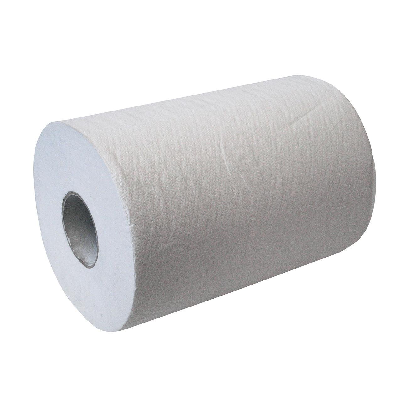 Eine große weiße CWS Papierhandtuchrolle 3lagig, unperforiert mit einer sichtbaren Papphülse in der Mitte, abgebildet vor einem schlichten weißen Hintergrund.