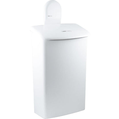The CWS ParadiseLine wall mount for the 575000 hygiene bin is a white, rectangular indoor wall-mounted trash can with a domed lid and a smooth surface, designed by CWS for secure installation.