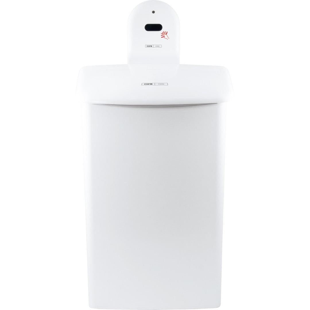 A white, rectangular, automatic trash can with a sensor panel and a hand symbol on the upper front, similar to the CWS ParadiseLine wall mount for the CWS Hygiene Box 575000. Its lid is closed, and its surface is smooth and clean.
