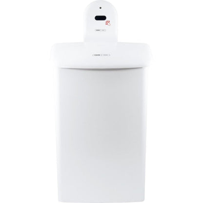 A white, rectangular, automatic trash can with a sensor panel and a hand symbol on the upper front, similar to the CWS ParadiseLine wall mount for the CWS Hygiene Box 575000. Its lid is closed, and its surface is smooth and clean.