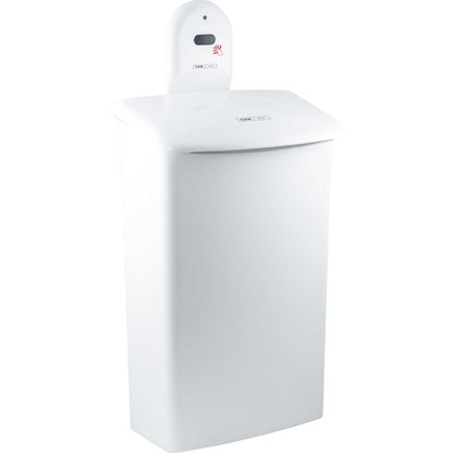 The CWS ParadiseLine wall mount for the 575000 hygiene bin is a white, rectangular, touchless trash can with a domed lid and an automatic sensor above the opening, featuring a small black screen and a red indicator light.