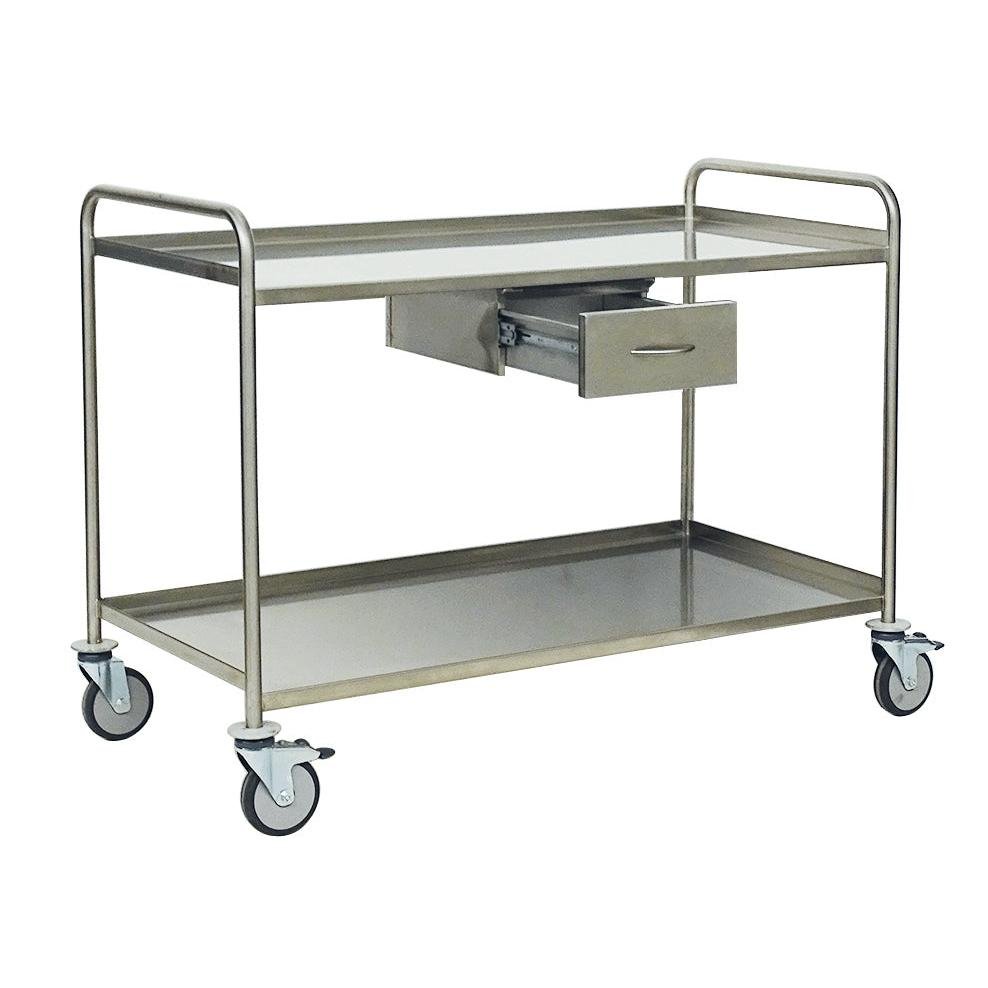 The Novocal stainless steel instrument table from Novocal features two shelves, four swivel casters, and a small metal drawer under the top surface. Package: 1 piece.