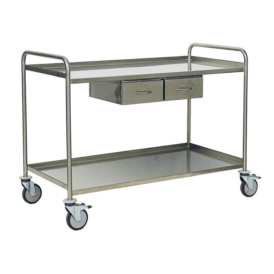 The Novocal instrument table made of stainless steel (1 piece) is a versatile medical table with four wheels, two small drawers under the shelf, and an additional intermediate shelf - ideal for organized storage in clinics.