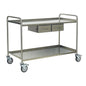 The Novocal instrument table made of stainless steel (1 piece) is a versatile medical table with four wheels, two small drawers under the shelf, and an additional intermediate shelf - ideal for organized storage in clinics.