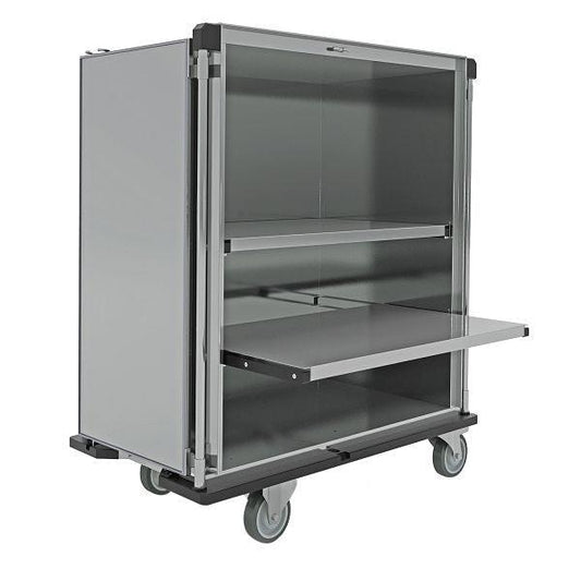 Der Novocal Sterilgut-Transportwagen ist ein großer, grauer Wagen mit Rädern, einer offenen Vorderseite, zwei Einlegeböden und einem ausziehbaren Metallboden aus satiniertem Edelstahl - ideal für den Transport oder die Lagerung von Sterilgut in medizinischen Einrichtungen.