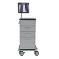 Pictured is a Novocal Model I computer cart | Pack (1 piece) with a right-side pull-out keyboard tray and mouse compartment. It has three drawers, four wheels, metal handles, and a monitor on top displaying a chest X-ray image.
