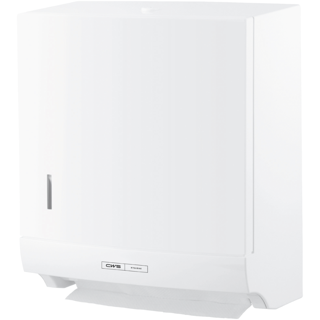 Der CWS ParadiseLine Faltpapierhandtuchspender Paper Slim, weiß, mit Druckknopf überzeugt durch sein schlankes, rechteckiges Design. Das CWS-Logo ist vorne sichtbar und ein Papierblatt ragt unten für hygienische Bedienung heraus.