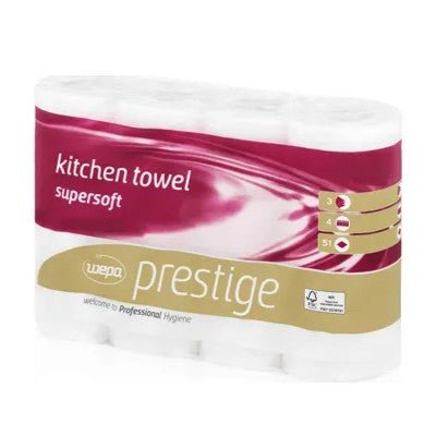 Eine Packung CWS Küchenrollen Prestige 3-lagig, Hochweiß enthält 8 Packungen weißer, superweicher und reinigungsfreundlicher Küchenrollen im kastanienbraunen und goldenen Design mit dem Branding "welcome Professional Hygiene".