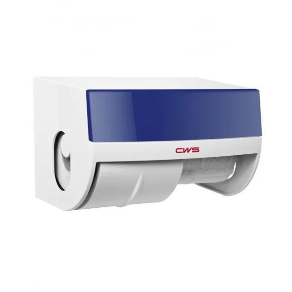 Der wandmontierte CWS Frontpanel für Paradise Toilettenpapierspender von CWS hat einen weißen Korpus, eine blaue, durchscheinende Frontplatte, eine sichtbare Rolle im Inneren und trägt das rote "CWS" Logo auf der Vorderseite.