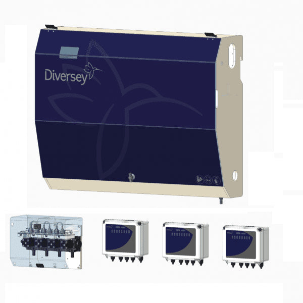 The Diversey DF20L (IoC) main unit, an intelligent dosing system for up to 10 washing machines, is shown wall-mounted - with a blue cover, logo, four control modules, and visible valves for sustainable laundry operations.