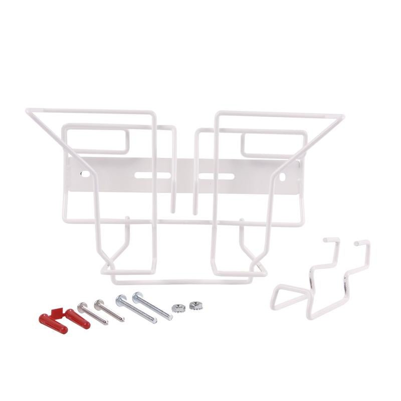 A white metal frame with mounting material, ideal as a wall & trolley holder for Oxivir Excel SoftPack cleaning wipes from Diversey Deutschland GmbH & Co. OHG, mounting set for wipes soft pack (1 piece).