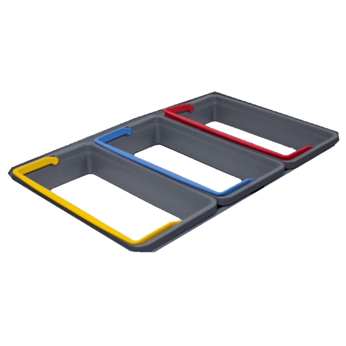 Three gray Di Protect triple-compartment waste separation bags from Diversey, for the TASKI Protect Trolley, are shown side by side with yellow, blue, and red borders (from left to right) on a white background. Package contains 1 piece.