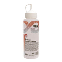 The 0.5-liter SURE Washroom Cleaner & Descaler dispenser bottle from Diversey Deutschland GmbH & Co. OHG, with a white spray cap, is ideal for effective bathroom cleaning; it features product information in black lettering and a bubble design.