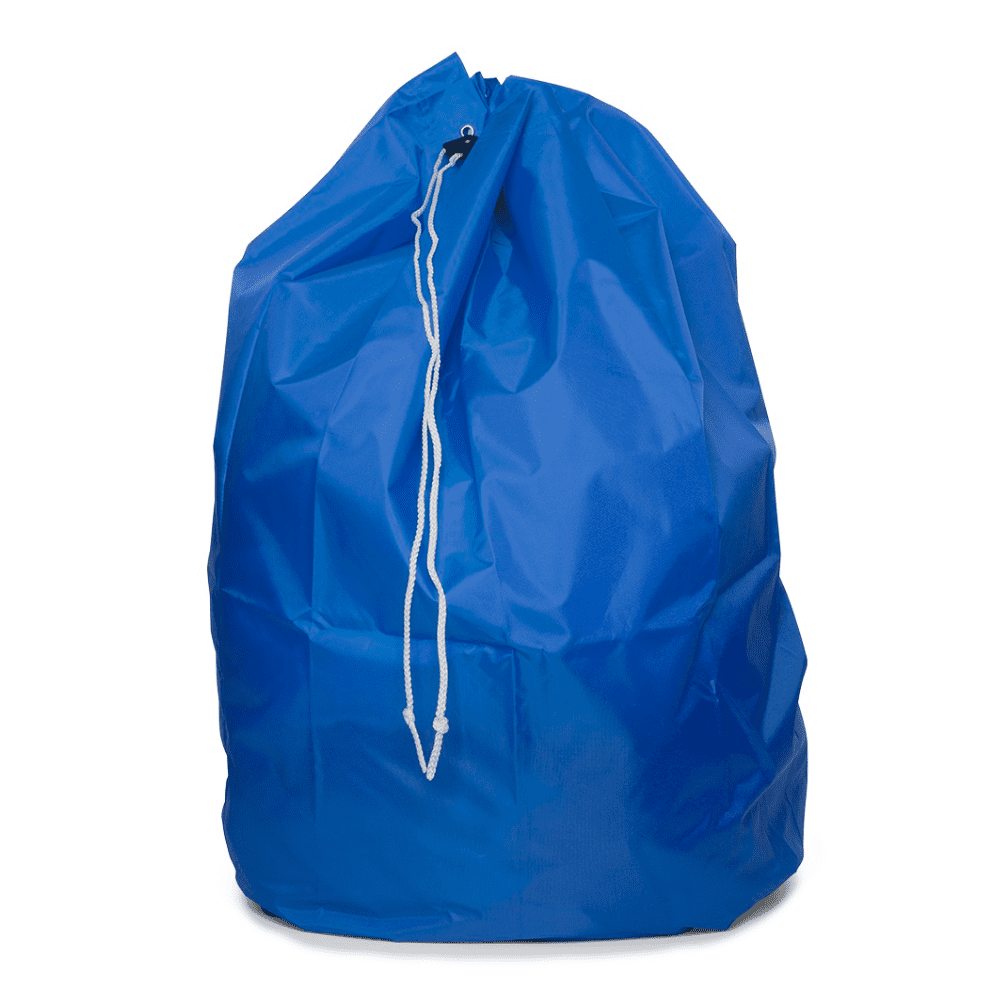 A DEISS disposal bag with PP cord and bottom loop, 120 liters, from EMIL DEISS KG (GmbH + Co.), in a large blue design made of durable polyester, is depicted on a plain white background. The top of the bag is securely closed with a sturdy white cord.