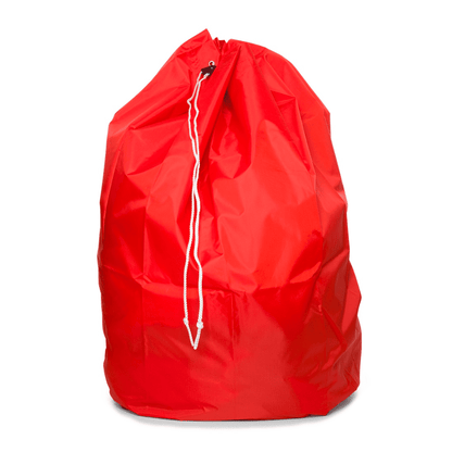On a plain white background, a spacious, bright red 120-liter drawstring bag from EMIL DEISS KG (GmbH + Co.) is depicted, known as the DEISS disposal bag with PP cord and bottom loop. The durable polyester bag is securely closed at the top with a white cord.